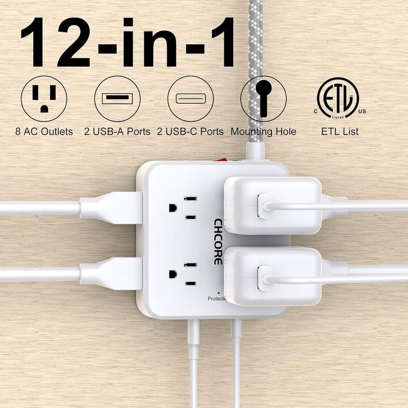 Core Surge Protector Power Strip - 10 Ft Braided Extension Cord with 8 Outlets with 4 USB (2 USB C) Charging Ports, Flat Plug Multi Plug Outlet Extender Charging Station for Home Office, ETL, White - Image 2